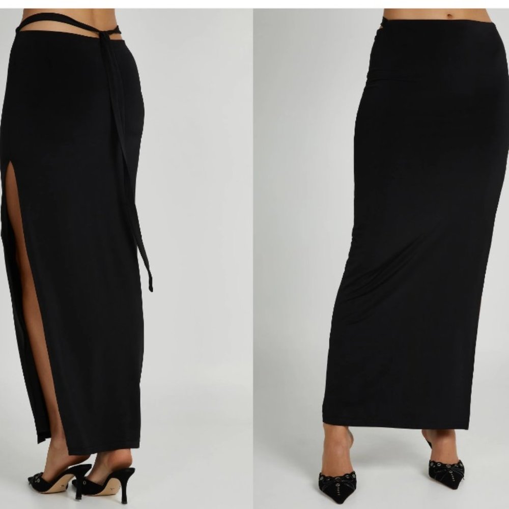 Meshki JEANINE Cowl Back Maxi Body Con Slit Black Slim Skirt  8 Large